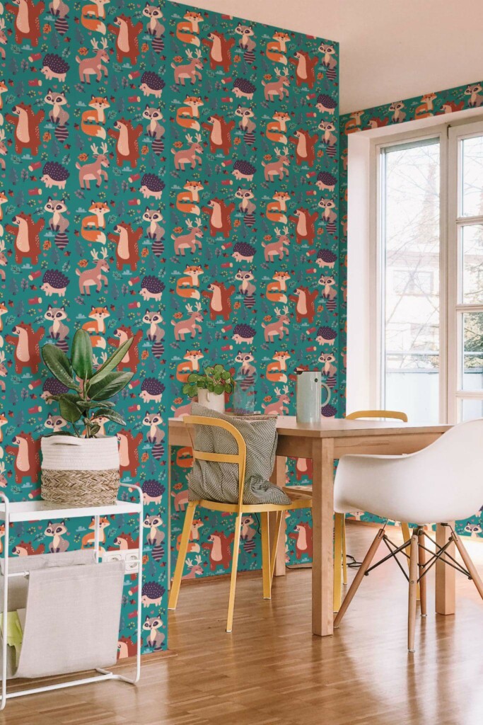 Minimal scandinavian style dining room decorated with Cute forest animals peel and stick wallpaper