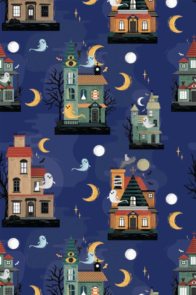 Pattern repeat of Cute Halloween Town removable wallpaper design