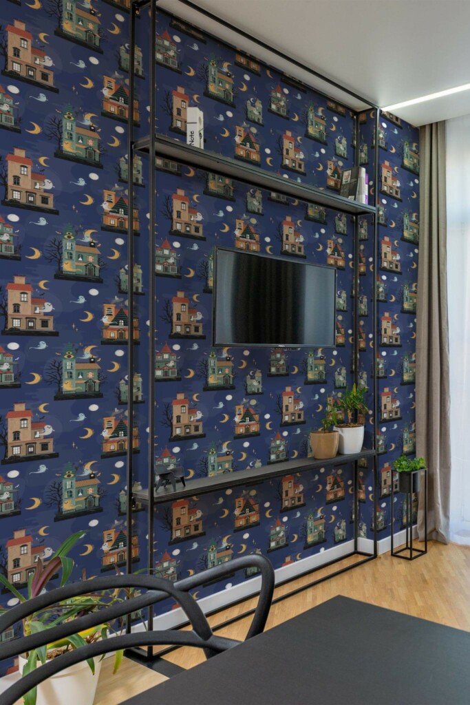 Industrial style living room decorated with Cute halloween town peel and stick wallpaper