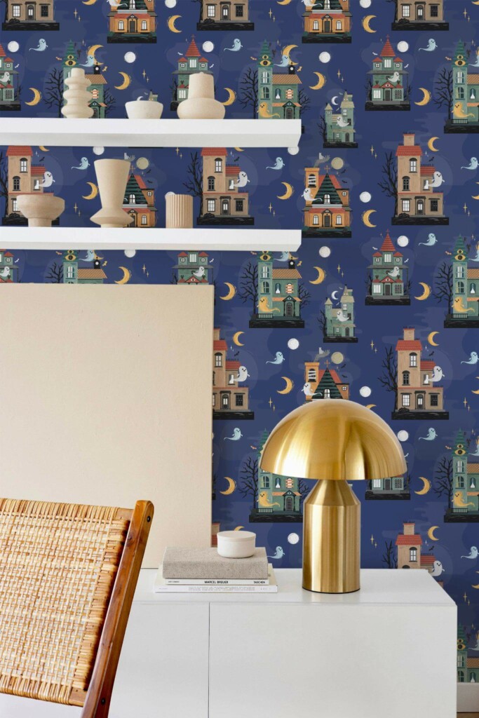 Modern style dining room decorated with Cute halloween town peel and stick wallpaper