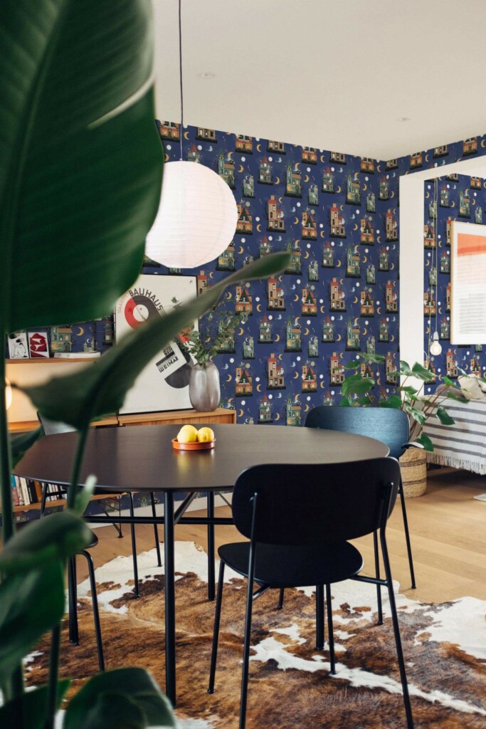 Scandinavian style dining room decorated with Cute halloween town peel and stick wallpaper