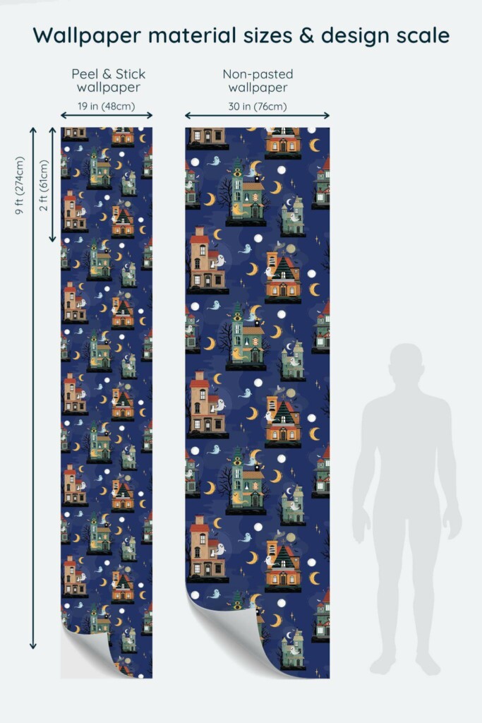 Size comparison of Cute Halloween Town Peel & Stick and Non-pasted wallpapers with design scale relative to human figure