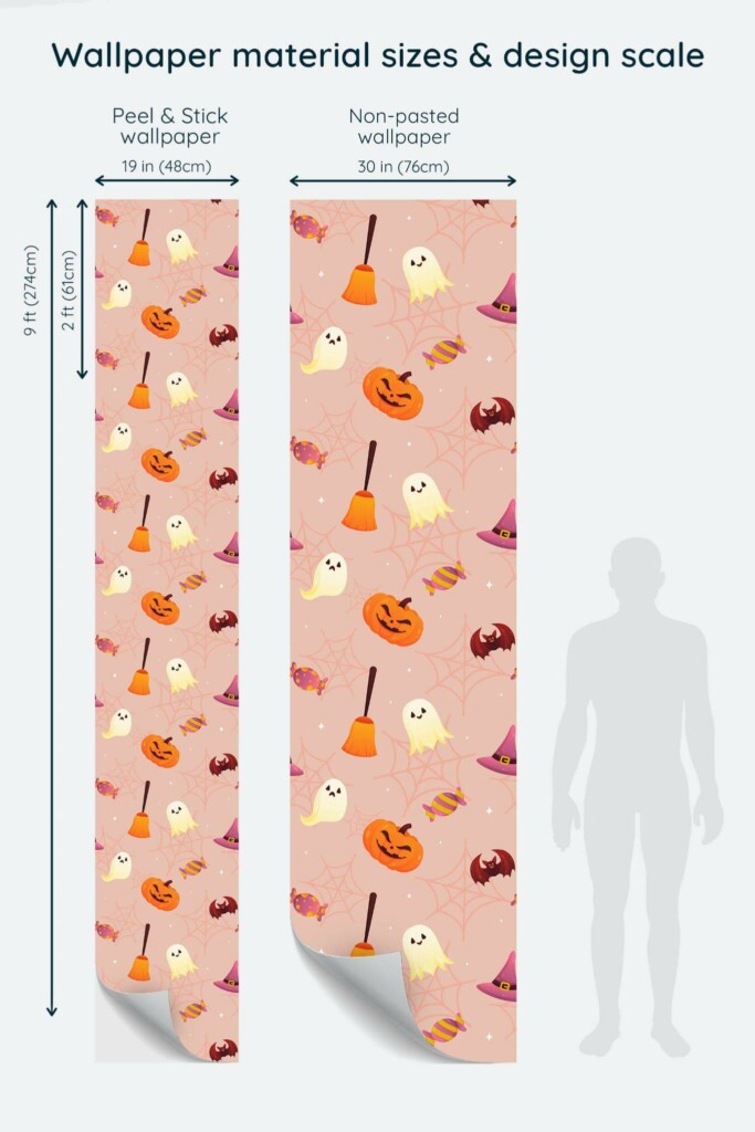 Size comparison of Cute Halloween Peel & Stick and Non-pasted wallpapers with design scale relative to human figure