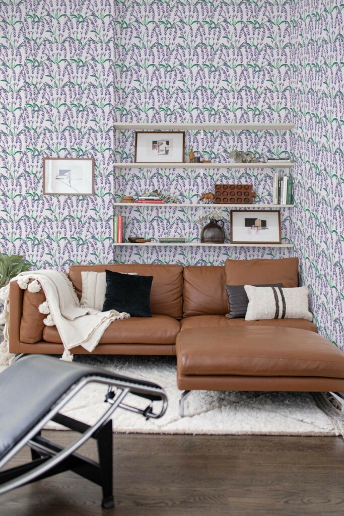 Mid-century modern style dining room decorated with Cute lavender peel and stick wallpaper