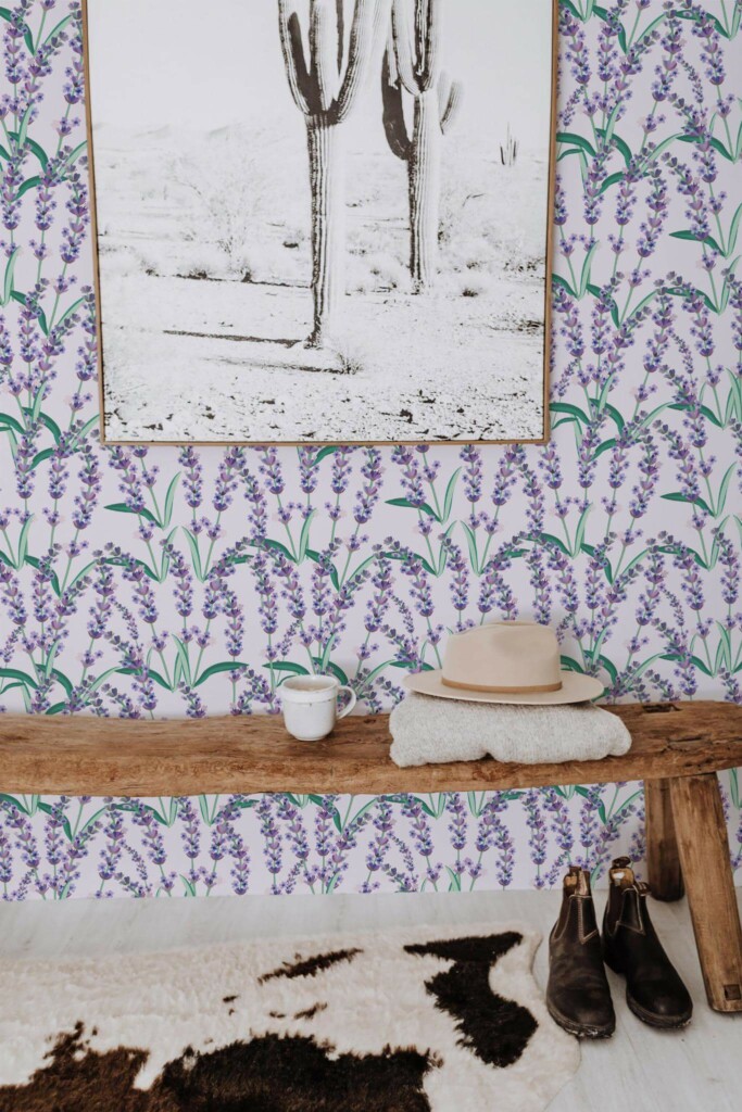 Scandinavian style entryway decorated with Cute lavender peel and stick wallpaper