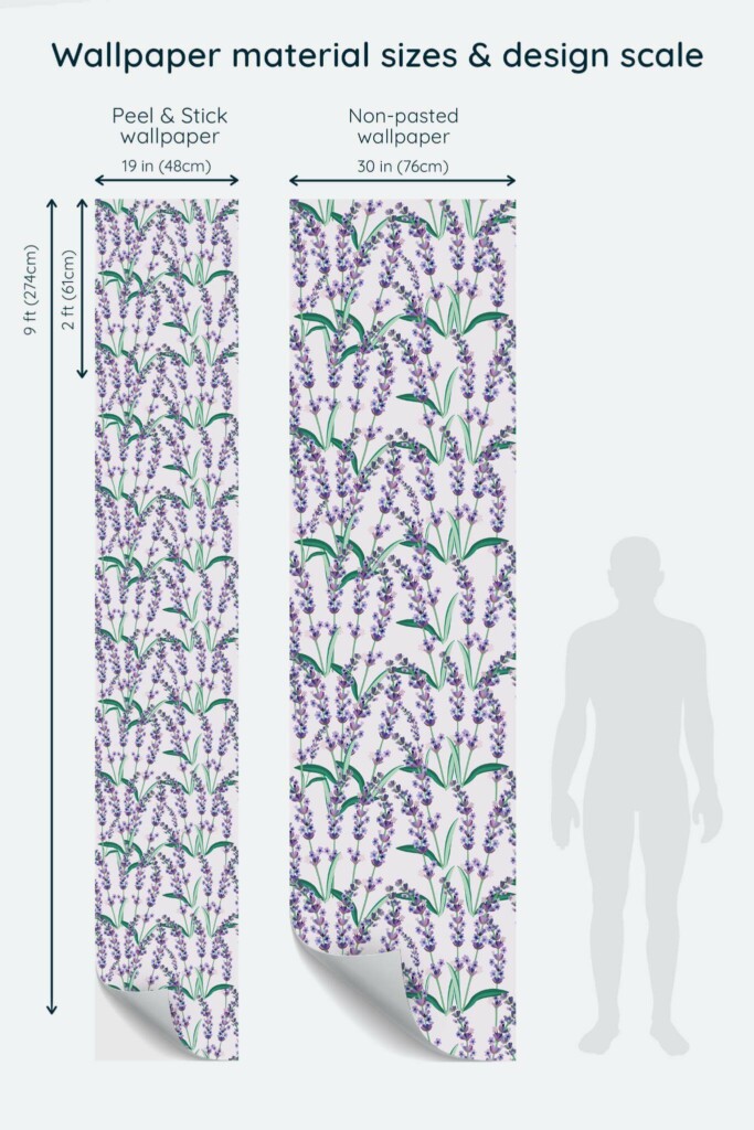 Size comparison of Cute lavender Peel & Stick and Non-pasted wallpapers with design scale relative to human figure