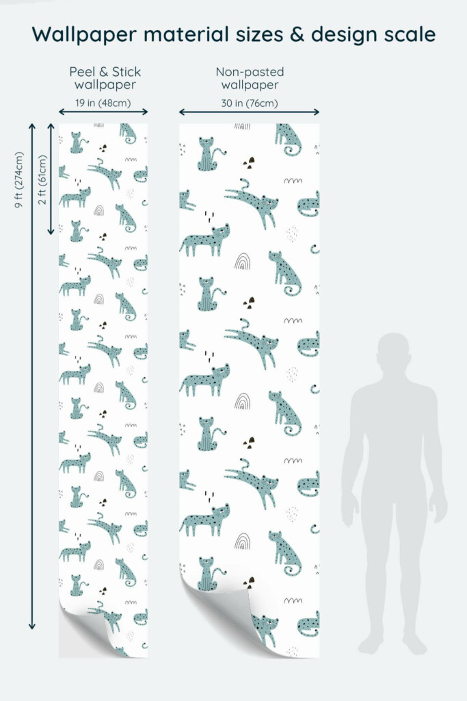 Size comparison of Cute leopard pattern Peel & Stick and Non-pasted wallpapers with design scale relative to human figure