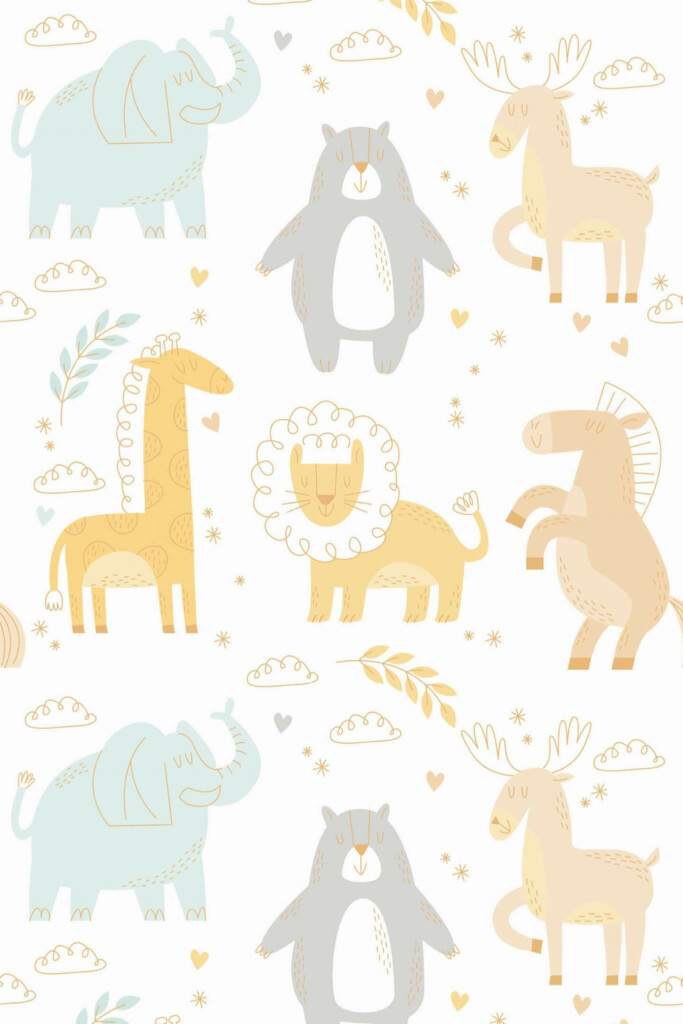Pattern repeat of Cute Pastel Animals removable wallpaper design