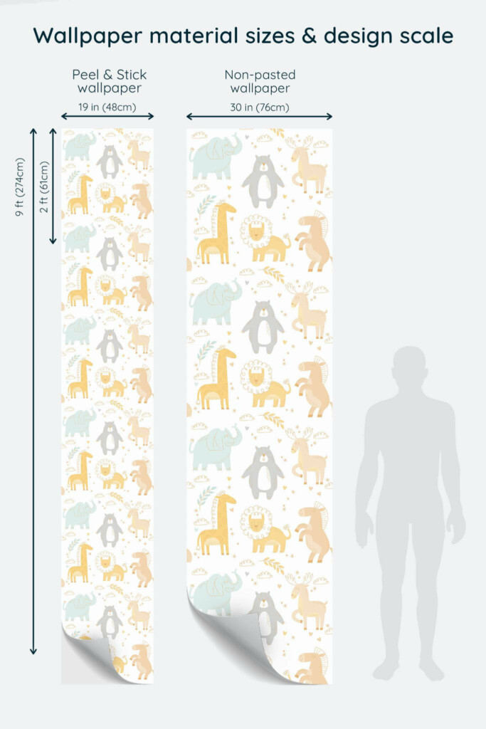 Size comparison of Cute Pastel Animals Peel & Stick and Non-pasted wallpapers with design scale relative to human figure