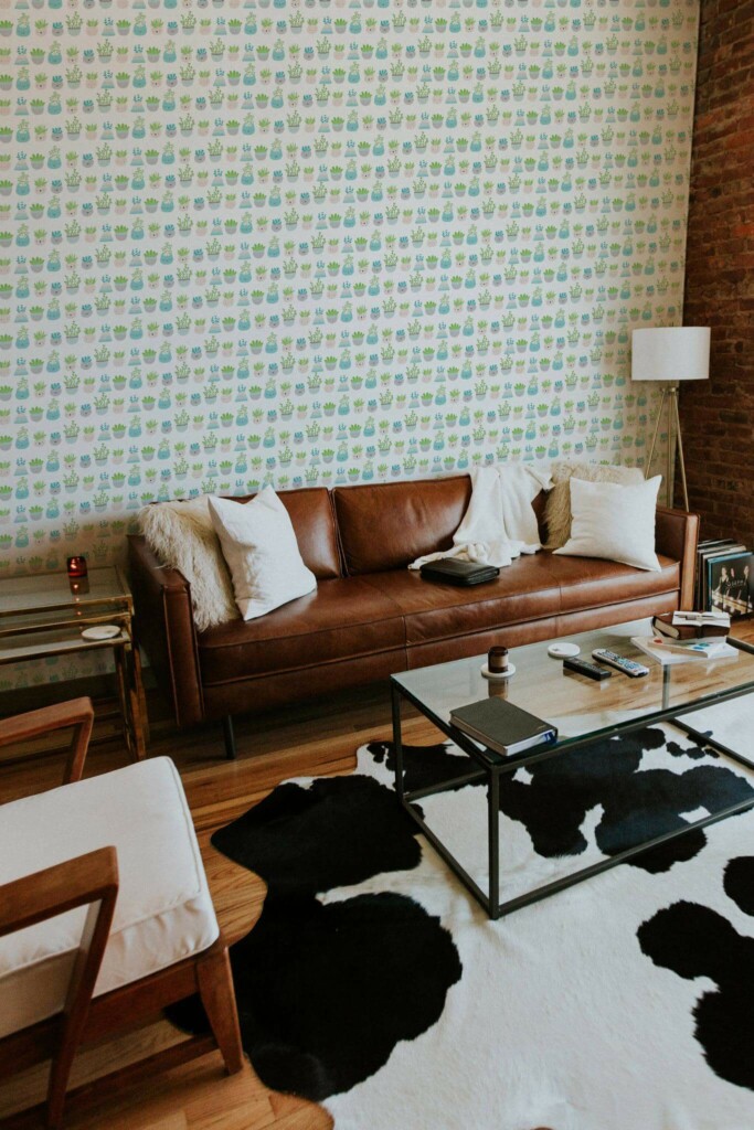 Mid-century modern style living room decorated with Cute plants peel and stick wallpaper