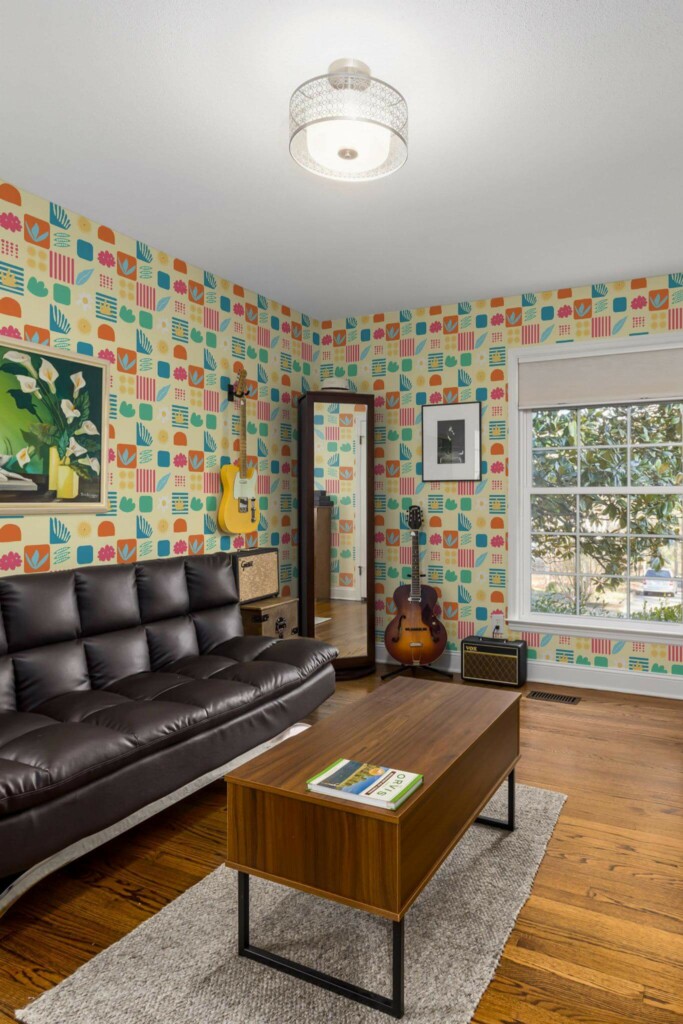 Mid-century style living room decorated with Cute sun peel and stick wallpaper and music instruments