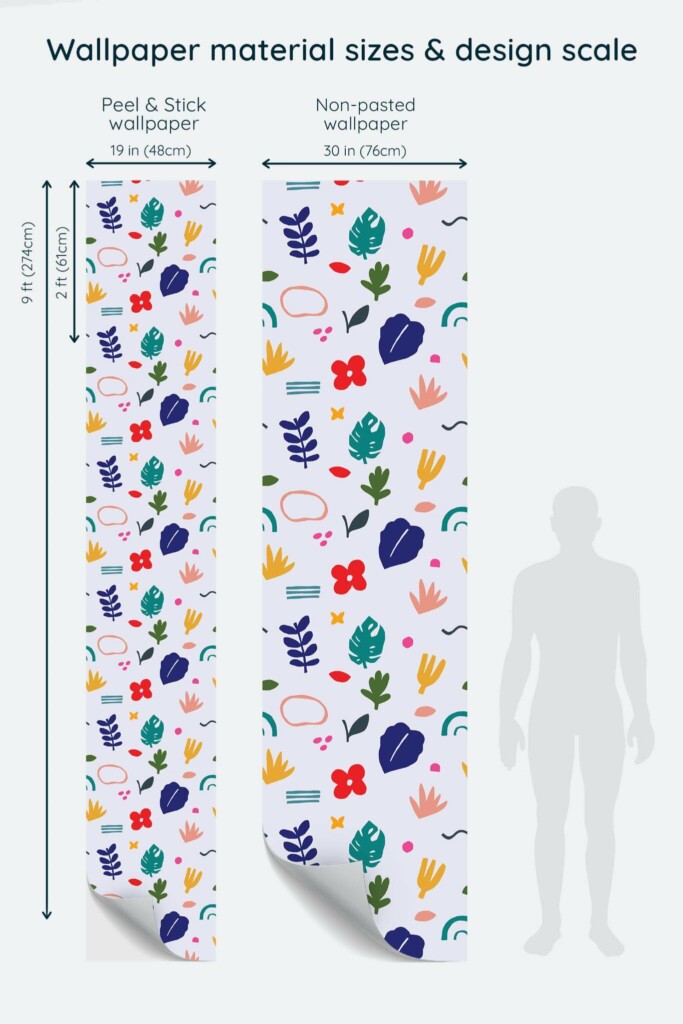 Size comparison of Cutout floral Peel & Stick and Non-pasted wallpapers with design scale relative to human figure