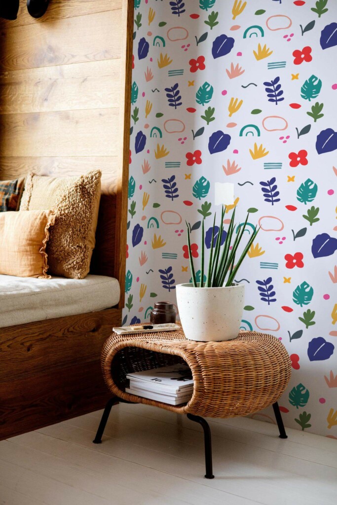 Mid-century modern style bedroom decorated with Cutout flowers peel and stick wallpaper