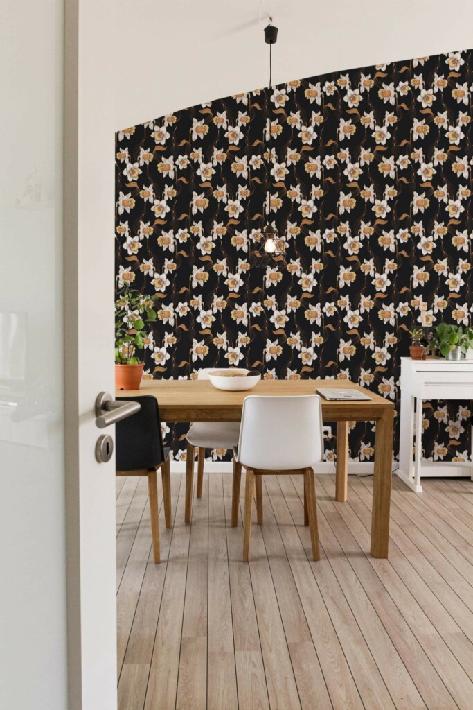 Minimal farmhouse style dining room decorated with Daffodils peel and stick wallpaper