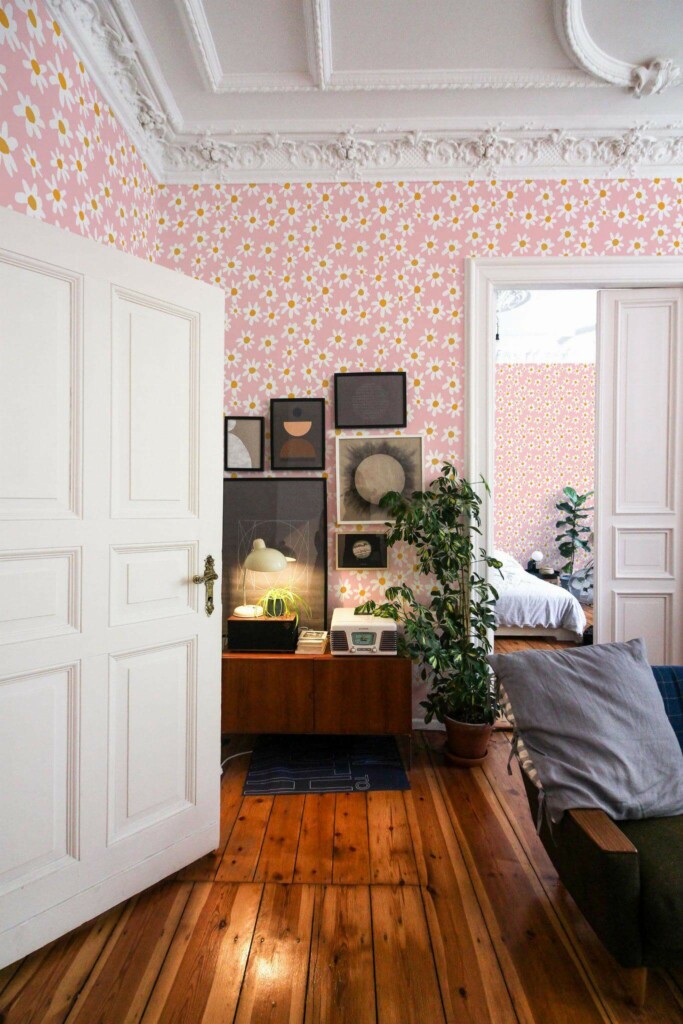 Mid-century modern luxury style living room and bedroom decorated with Daisies on plain pink peel and stick wallpaper