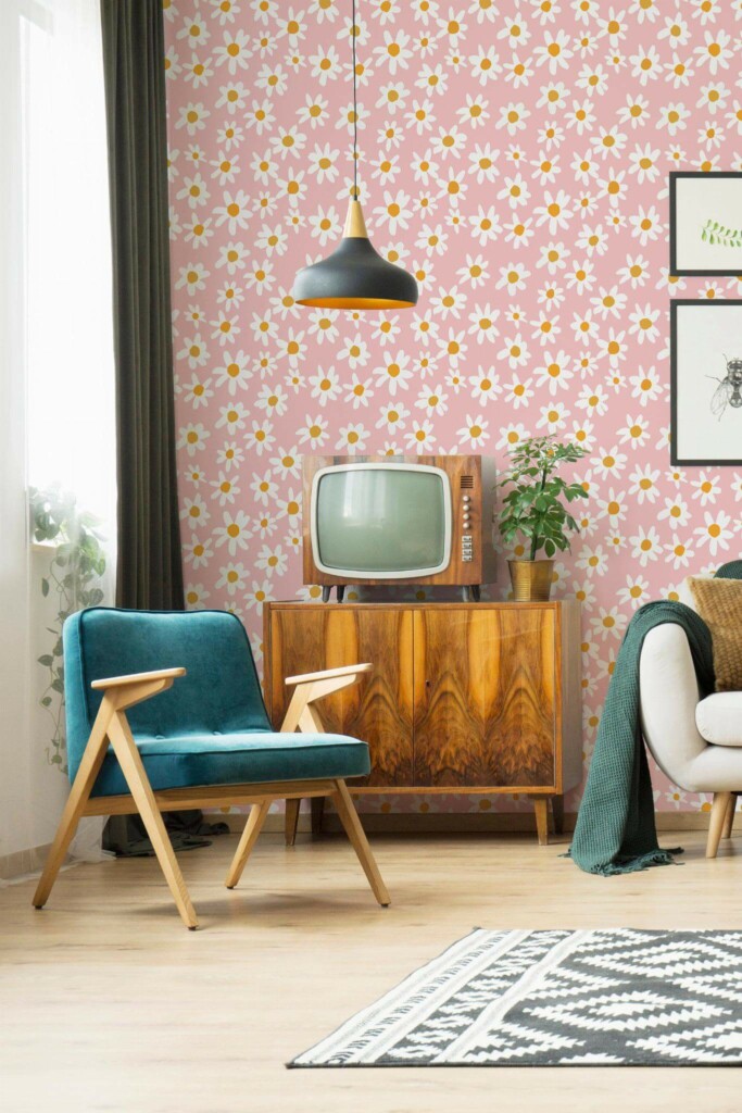Mid-century modern style living room decorated with Daisies on plain pink peel and stick wallpaper