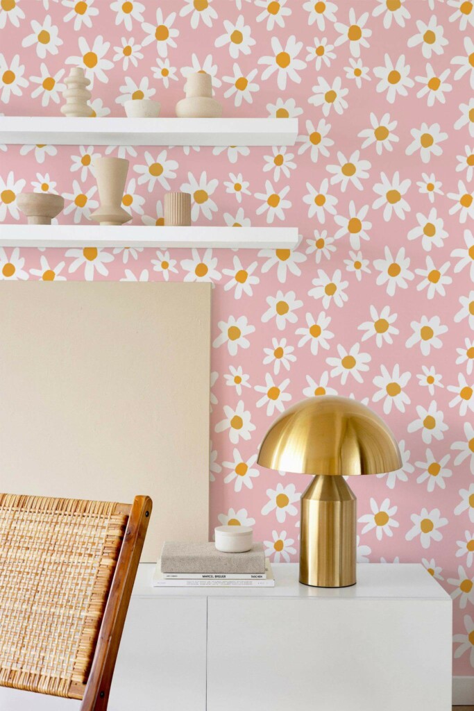 Modern style dining room decorated with Daisies on plain pink peel and stick wallpaper