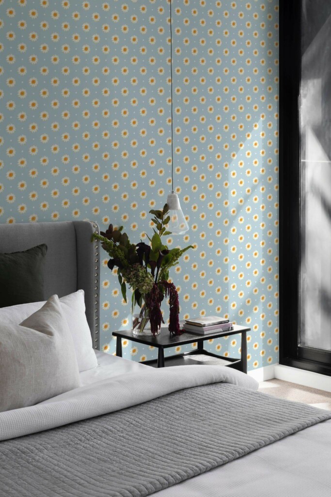 Scandinavian style bedroom decorated with Daisy polka dot peel and stick wallpaper