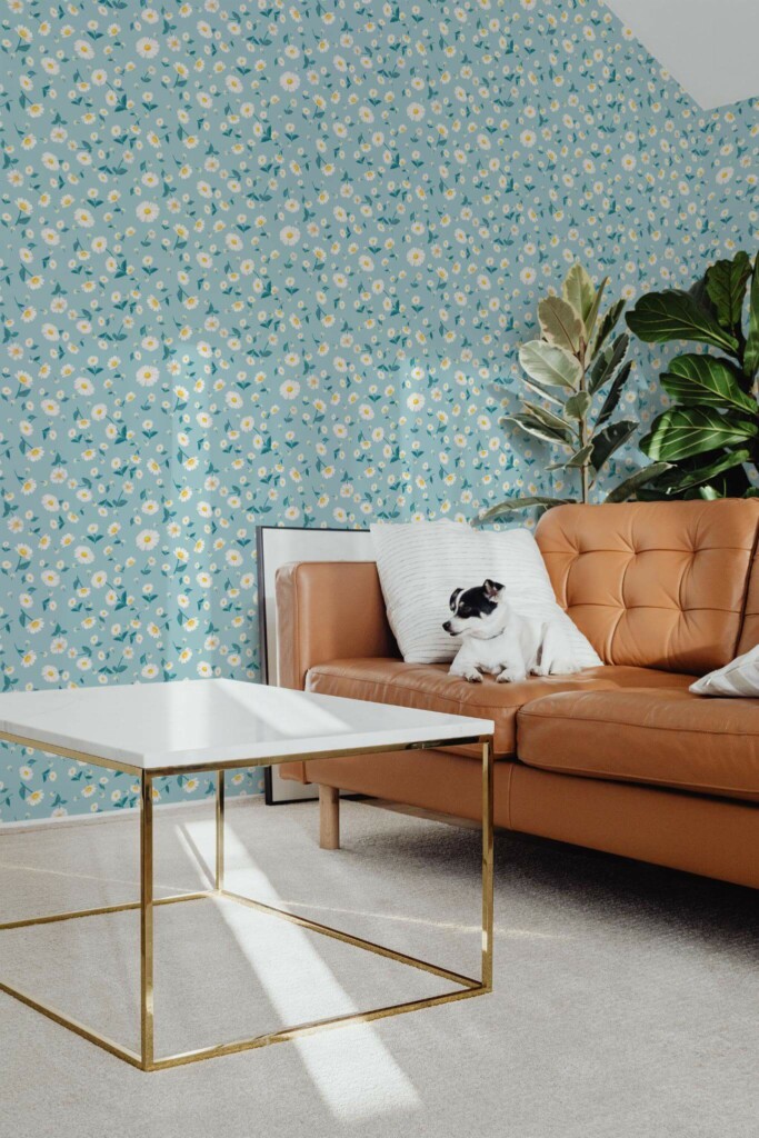 Mid-century modern style living room with dog on a sofa decorated with Daisy peel and stick wallpaper