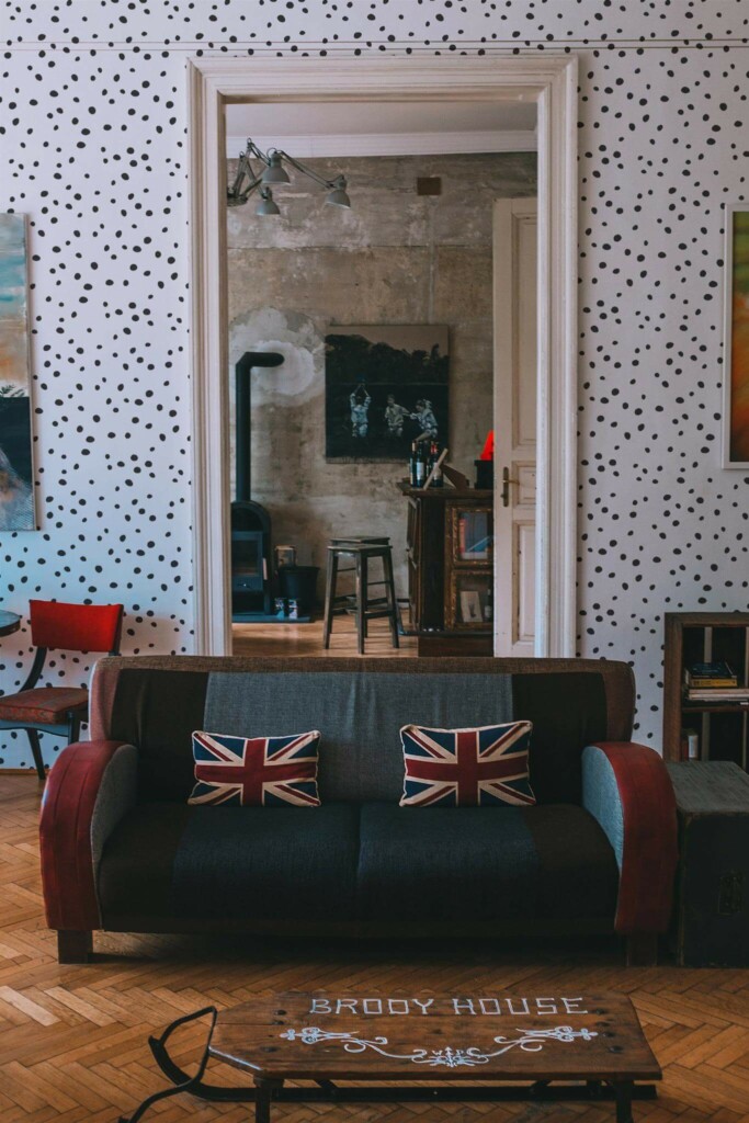 Industrial rustic style living dining room decorated with Dalmatian peel and stick wallpaper