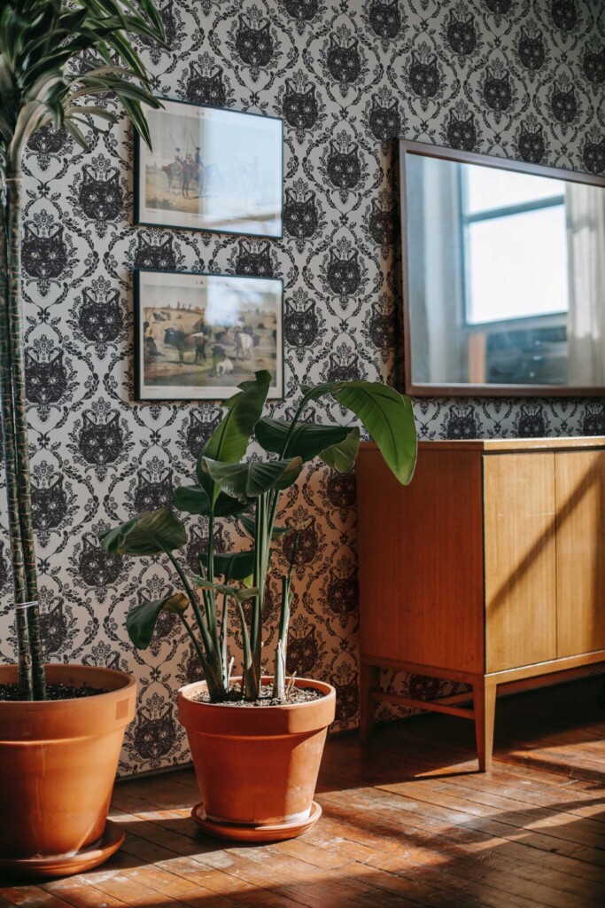 Fancy Walls removable wallpaper with beige animal motif and vintage black cats