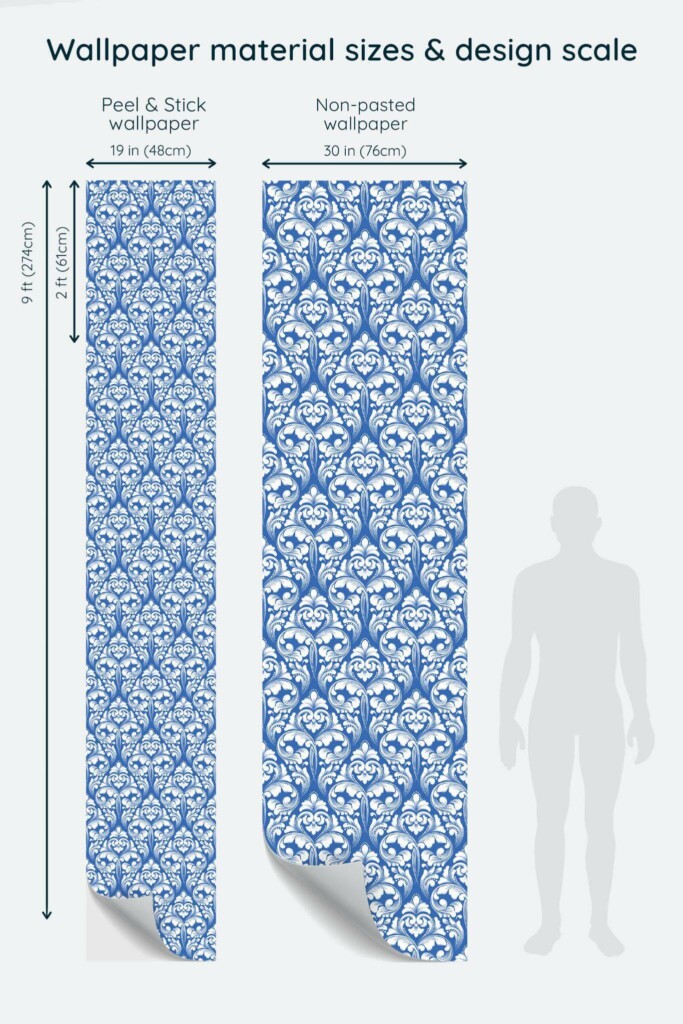 Size comparison of Damask pattern Peel & Stick and Non-pasted wallpapers with design scale relative to human figure