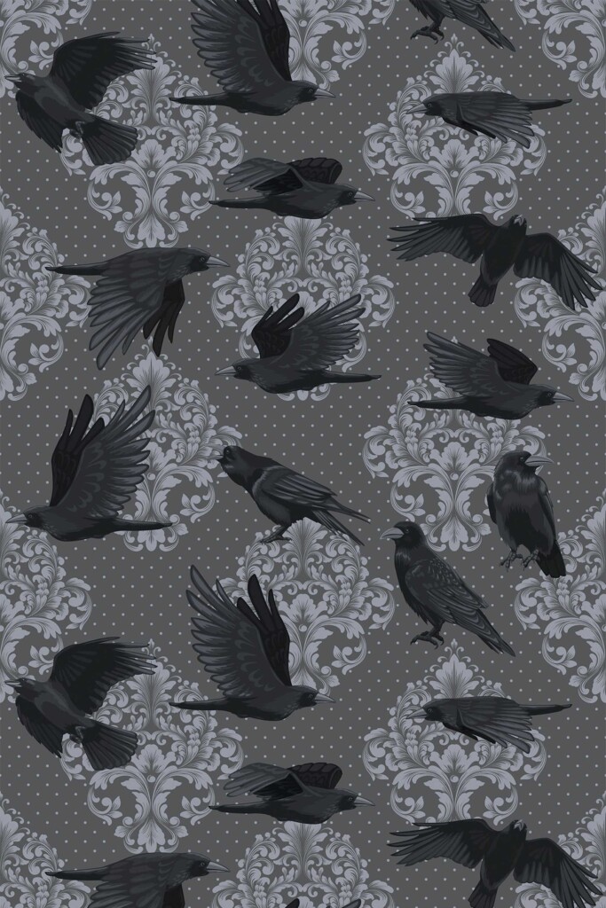 Gothic peel and stick wallpaper with gray ravens by Fancy Walls
