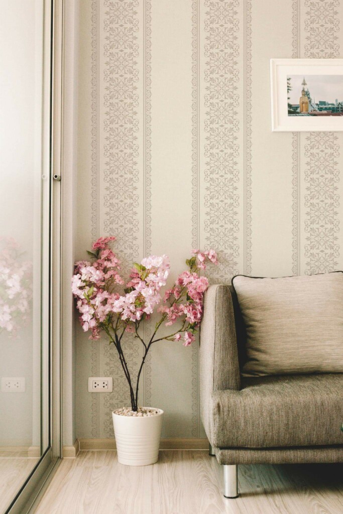 Modern farmhouse style living room decorated with Damask stripe peel and stick wallpaper