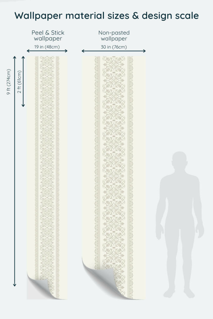 Size comparison of Damask striped Peel & Stick and Non-pasted wallpapers with design scale relative to human figure