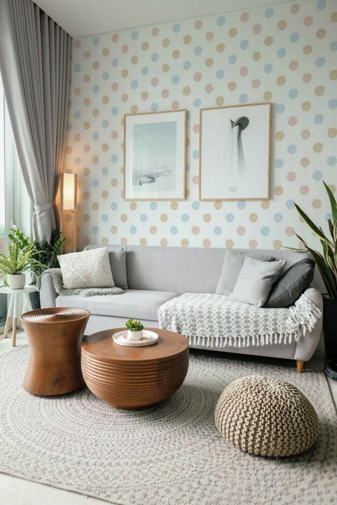 Modern scandinavian style living room decorated with Dandelion floral peel and stick wallpaper and green plants
