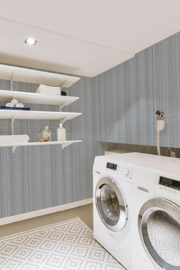 Minimal style laundry room decorated with Danube ikat peel and stick wallpaper