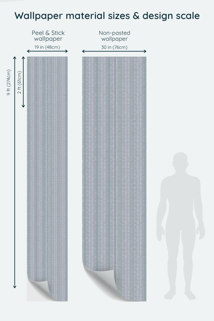 Size comparison of Danube ikat Peel & Stick and Non-pasted wallpapers with design scale relative to human figure