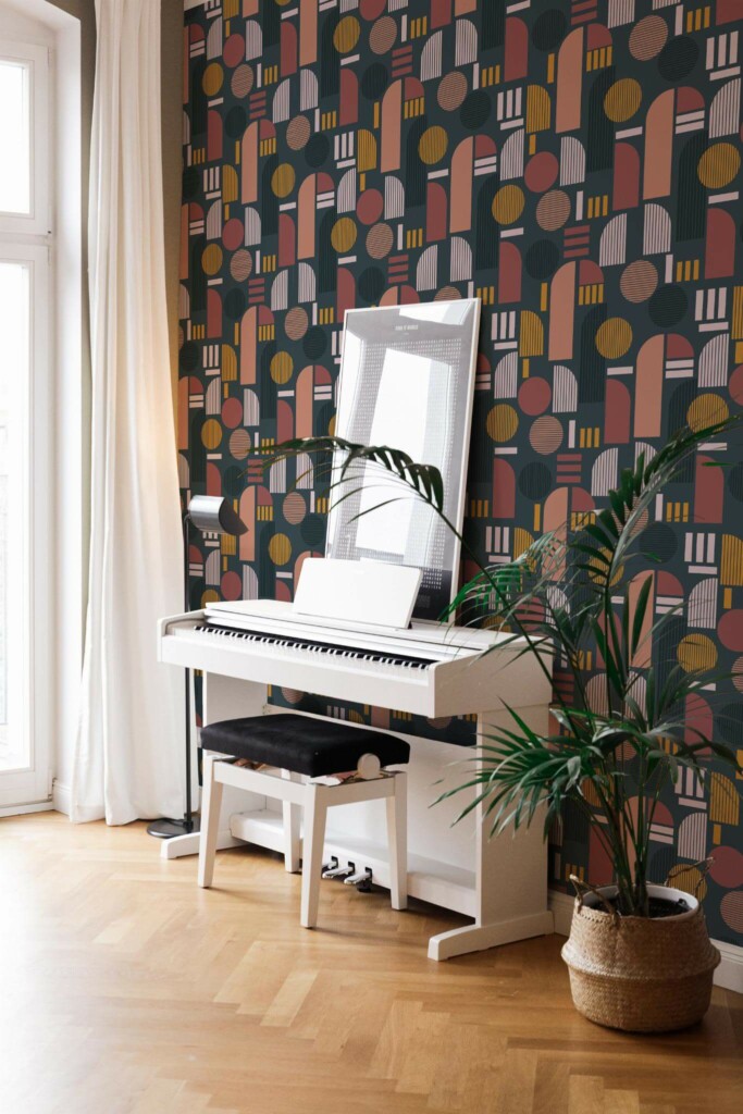 Modern style living room with a piano decorated with Dark arch peel and stick wallpaper