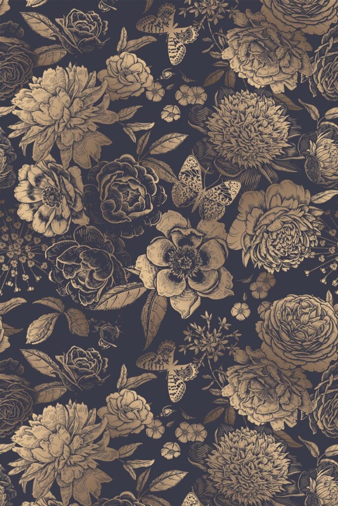 Pattern repeat of Dark blue and beige floral removable wallpaper design
