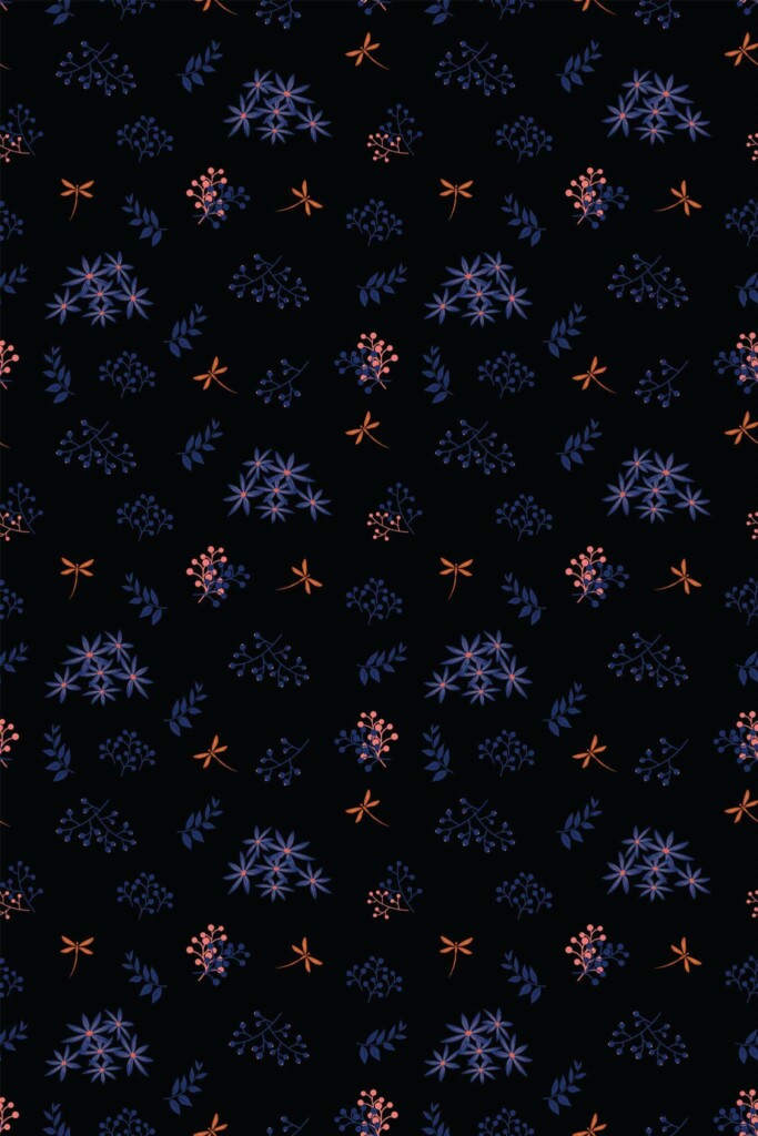 Pattern repeat of Dark blue floral removable wallpaper design