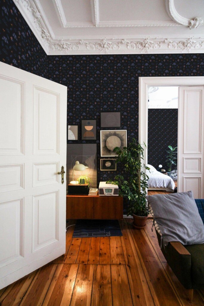 Mid-century modern luxury style living room and bedroom decorated with Dark blue floral peel and stick wallpaper