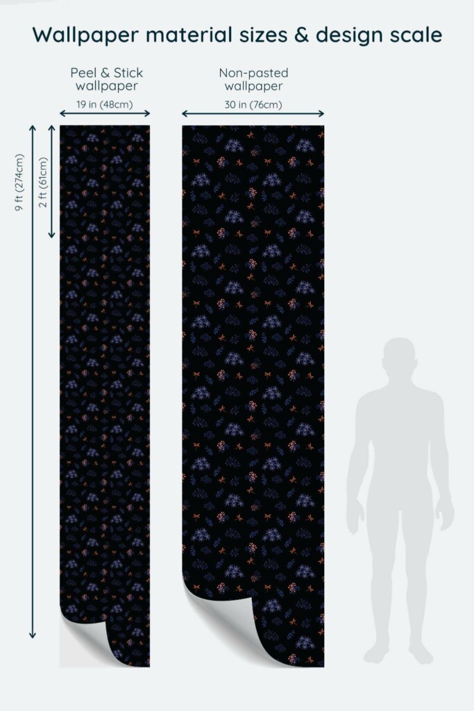 Size comparison of Dark blue floral Peel & Stick and Non-pasted wallpapers with design scale relative to human figure