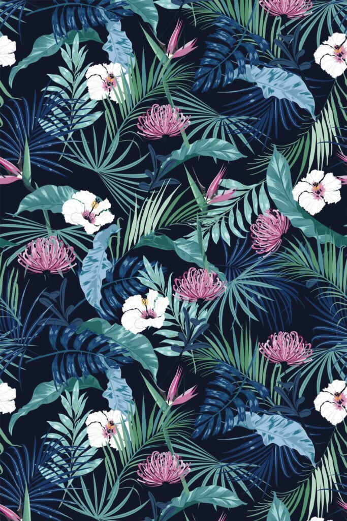 Pattern repeat of Dark blue tropical floral removable wallpaper design