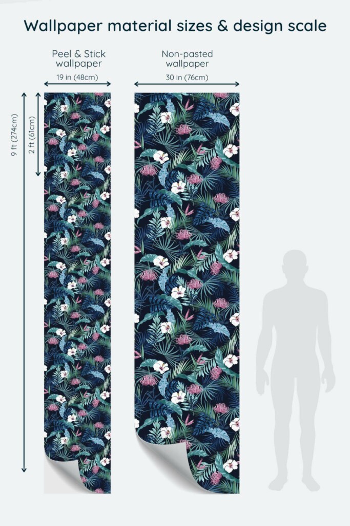 Size comparison of Dark blue tropical floral Peel & Stick and Non-pasted wallpapers with design scale relative to human figure