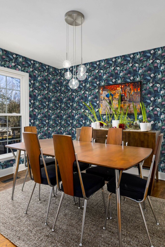 MId-century modern style dining room decorated with Dark blue tropical peel and stick wallpaper