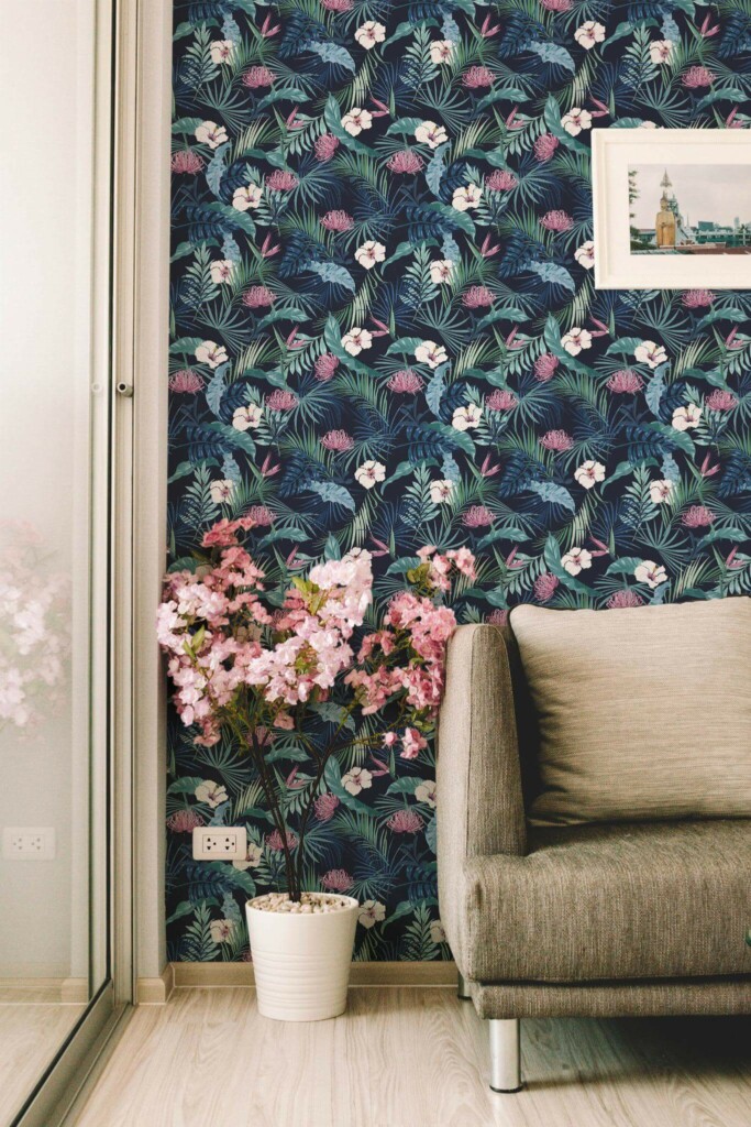Modern farmhouse style living room decorated with Dark blue tropical peel and stick wallpaper