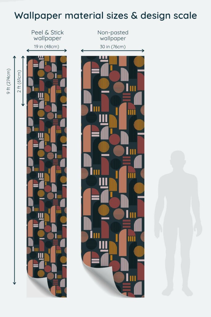 Size comparison of Dark boho arch Peel & Stick and Non-pasted wallpapers with design scale relative to human figure