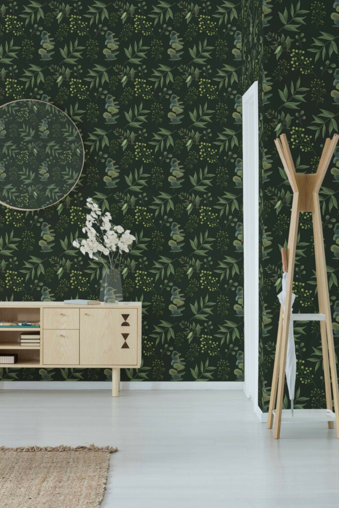 Minimal style entryway decorated with Dark botanical peel and stick wallpaper