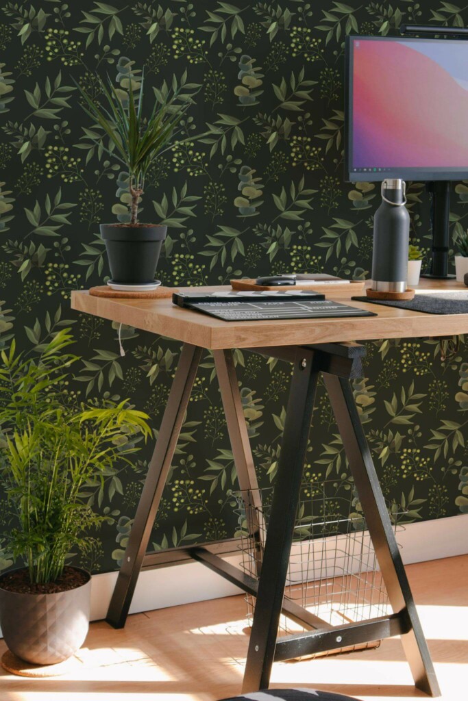 Scandinavian style home office decorated with Dark botanical peel and stick wallpaper