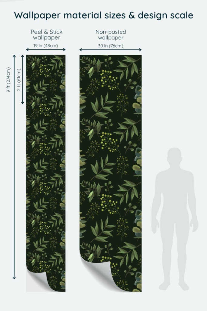 Size comparison of Dark botanical Peel & Stick and Non-pasted wallpapers with design scale relative to human figure
