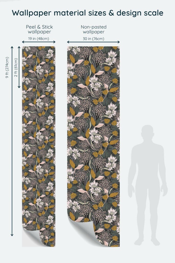 Size comparison of Dark brown floral Peel & Stick and Non-pasted wallpapers with design scale relative to human figure