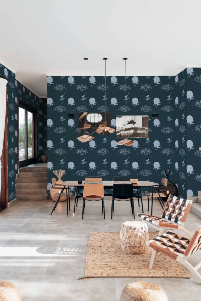 Modern boho style living dining room decorated with Dark chinoiserie peel and stick wallpaper