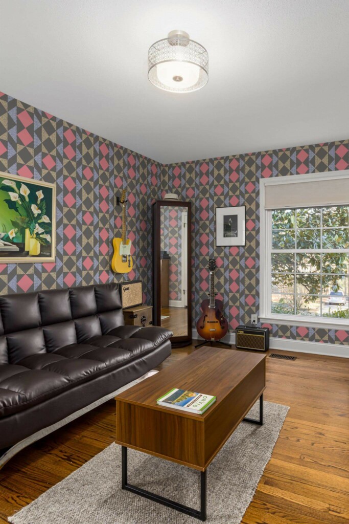 Mid-century style living room decorated with Dark colorful geometric peel and stick wallpaper and music instruments