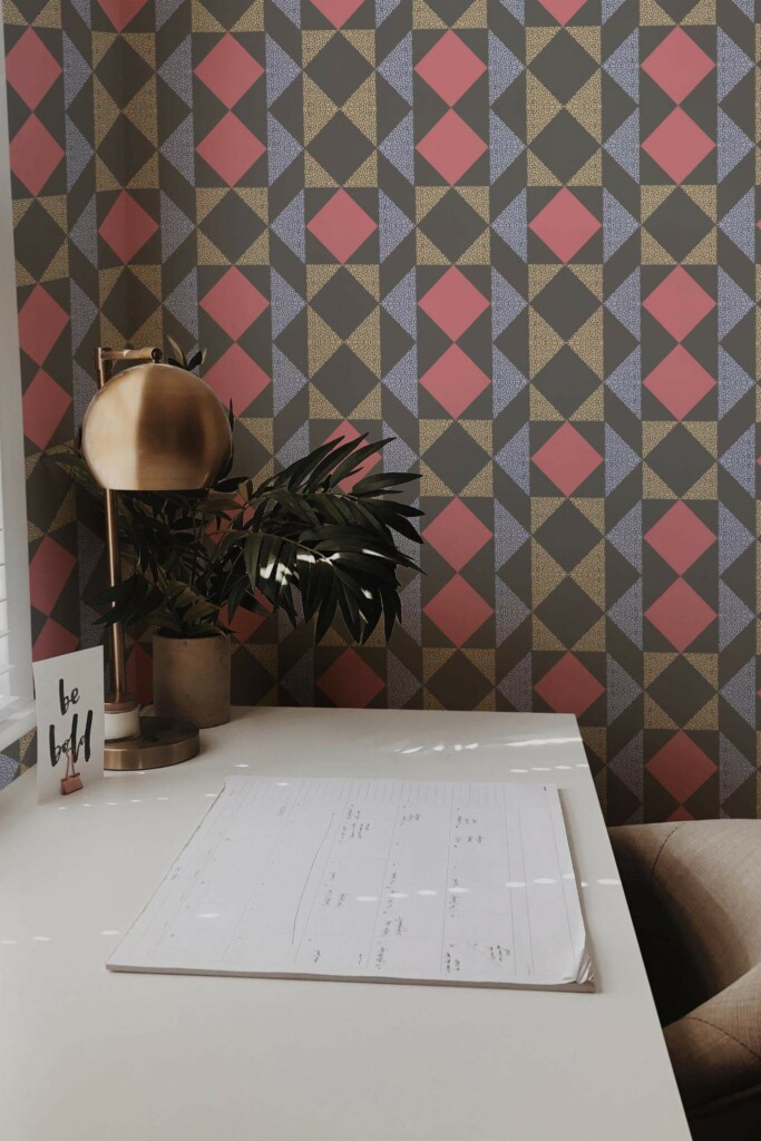 Rustic style home office decorated with Dark colorful geometric peel and stick wallpaper