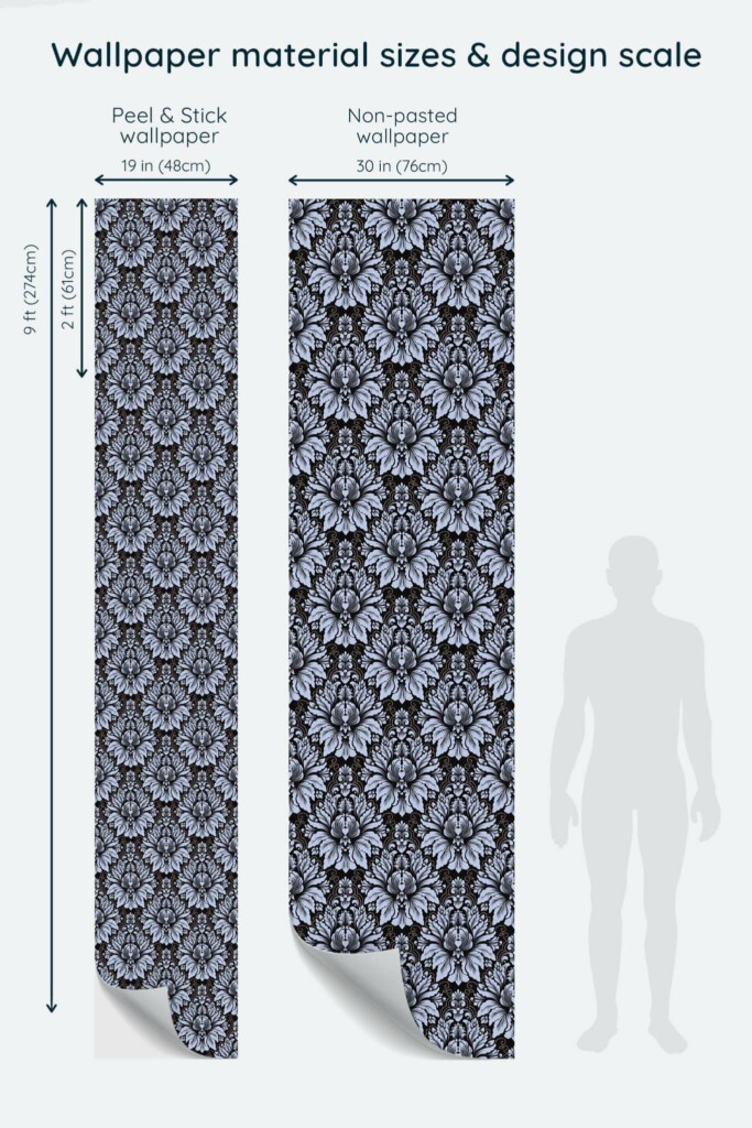 Size comparison of Dark damask Peel & Stick and Non-pasted wallpapers with design scale relative to human figure